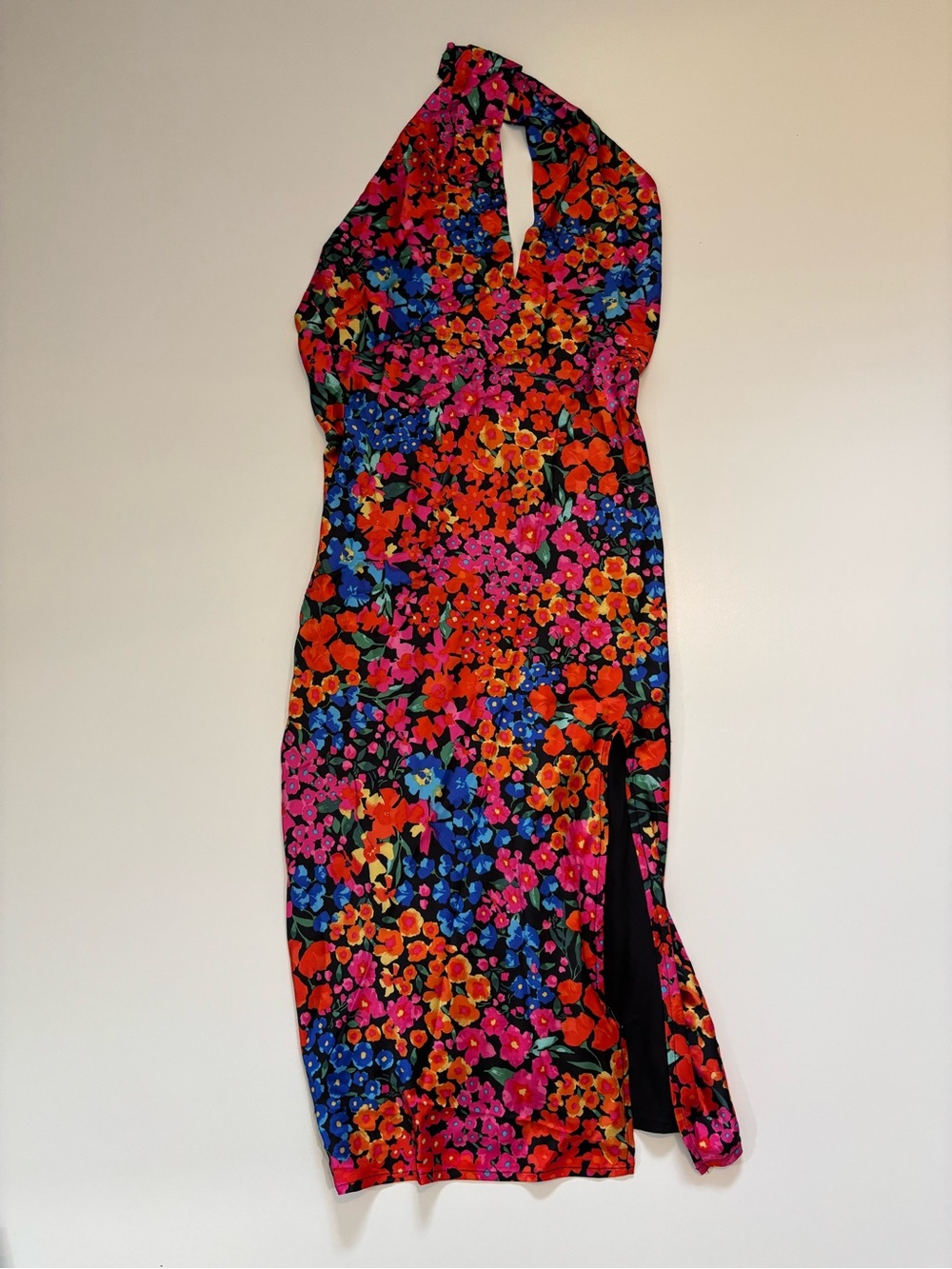 Lulus Bold Presence Black and Red Multi Floral Satin Halter Midi Dress Small - Picture 6 of 13